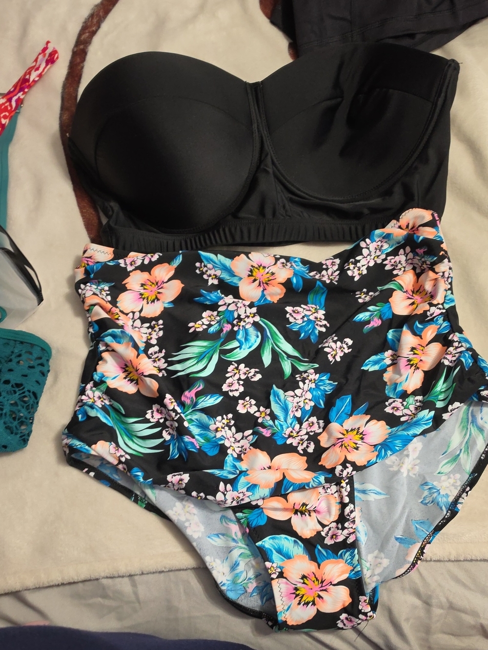 Black Floral High-Waist Bikini Bottoms with Peach & Teal Blooms